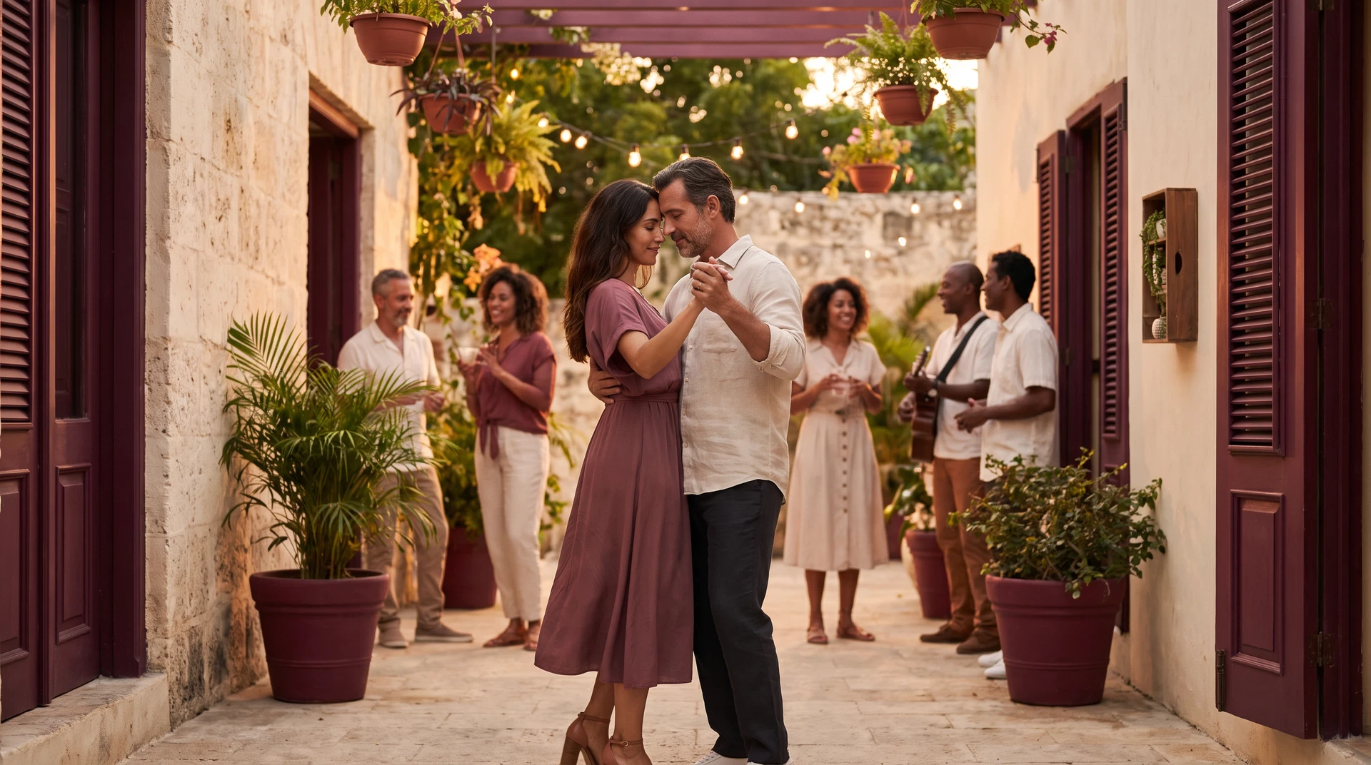 A couple dancing bachata in warm light, sharing a gentle rhythm and attentive connection