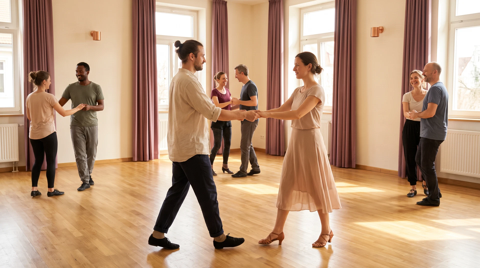 A beginner taking their first bachata steps in a bright dance studio