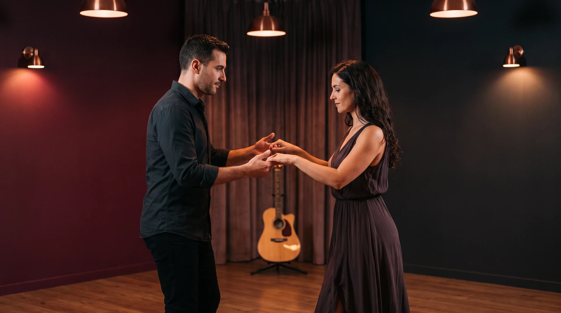 Bachata partners dancing with close attention to the music and to each other’s movement
